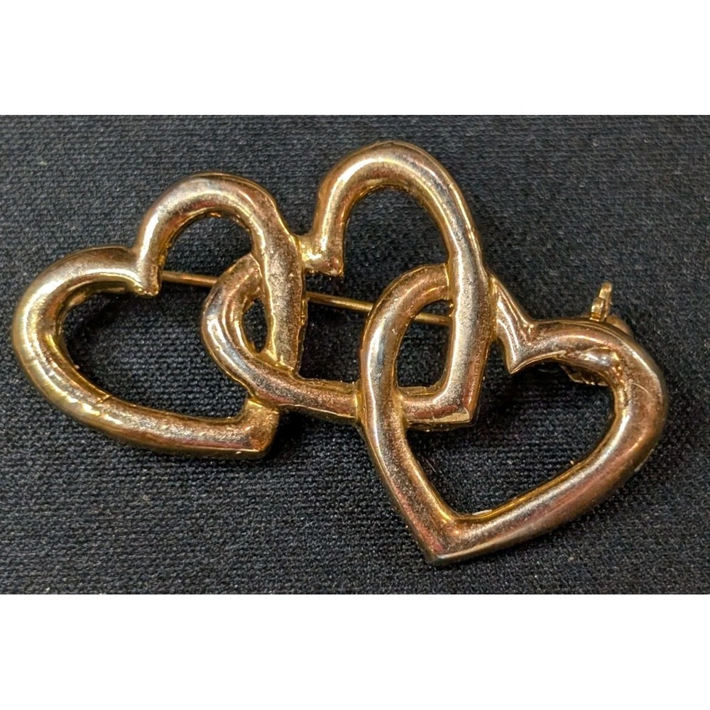 Vintage Gold Tone Triple Interlocking Open Hearts Brooch Pin Romantic Gift